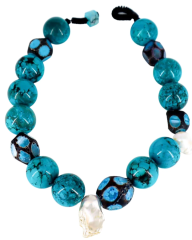 Y-AKİK, TURKUAZ VE İNCİ DETAYLI İRİ KOLYE