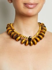 Y-SARI SANDALOZ VE AMBER BONCUKLU ETNİK-TRIBAL KOLYE