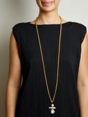 Y-ÜZERİ TURKUAZ DETAYLI BAROK İNCİ PANDANTİFLİ UZUN ZİNCİR KOLYE