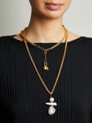 Y-ÜZERİ TURKUAZ DETAYLI BAROK İNCİ PANDANTİFLİ UZUN ZİNCİR KOLYE