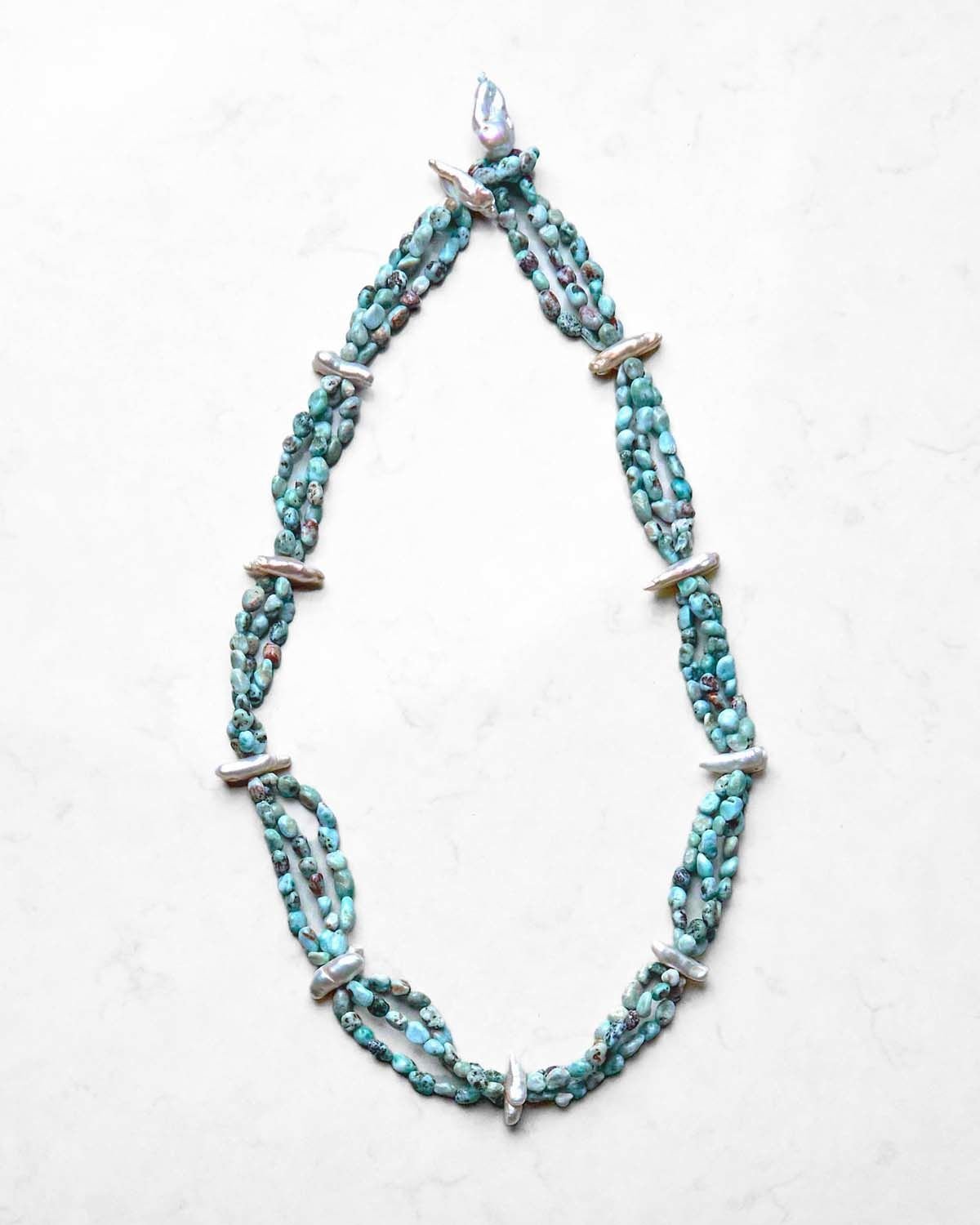 Y-LARIMAR, PEARL VE AVANTURINE KATLI KOLYE