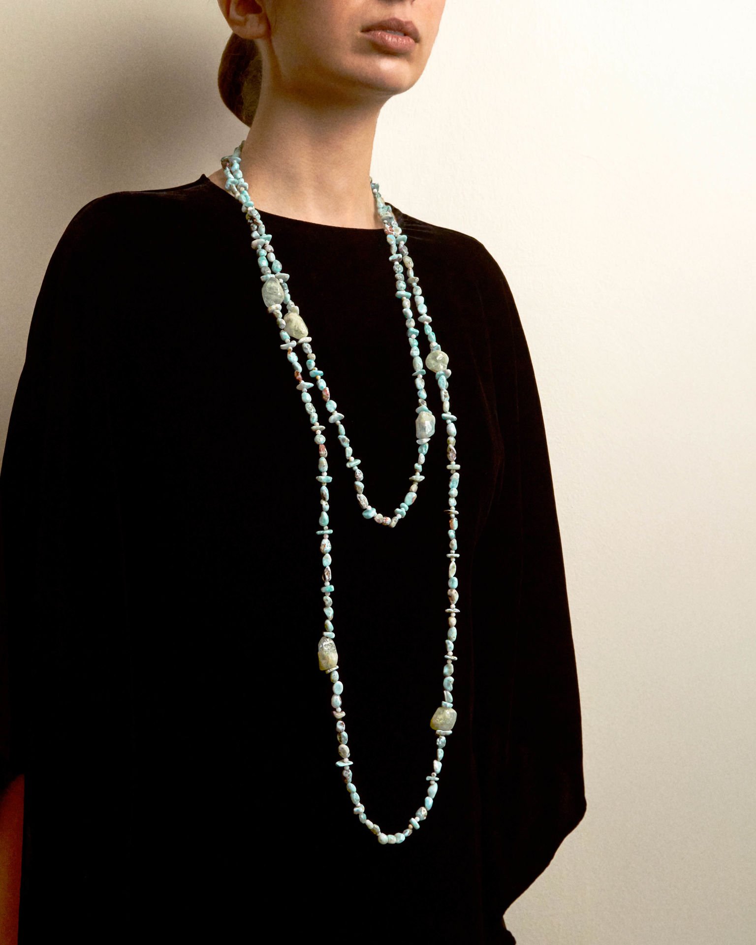 Y-LARIMAR, PEARL VE AVANTURİNE ÇOK UZUN KOLYE