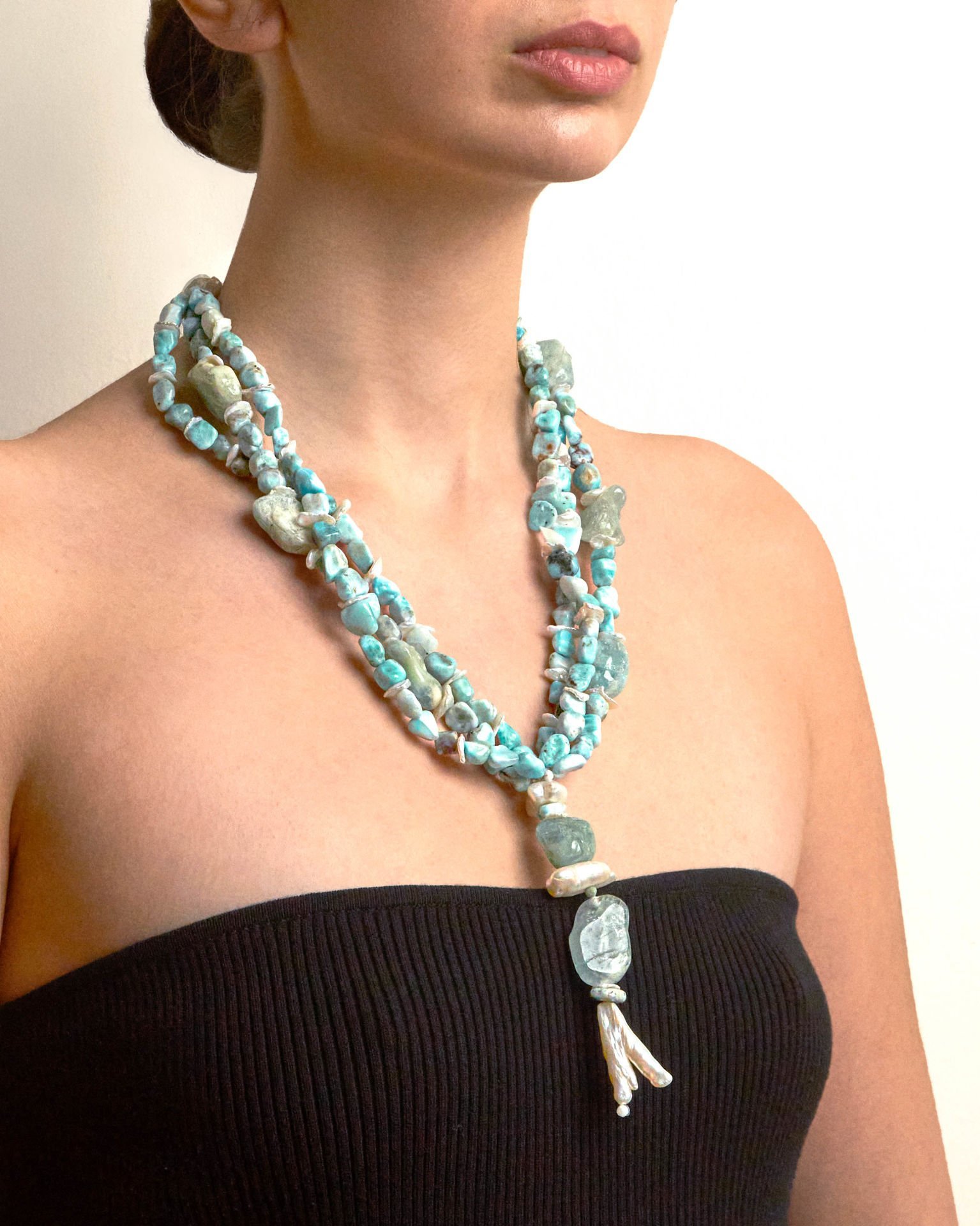 Y-LARIMAR, PEARL VE AVANTURINE PANDANTİF TASARIM KOLYE