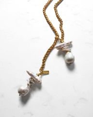 ÇİFT PANDANTİFLİ ASANSÖR KLİPSLİ BAROK İNCİ KOLYE