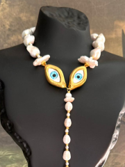 OCULUS TALISMAN SARI PANDANTİF İNCİLİ CHOKER KOLYE