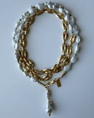 AQUA LUX, BAROK İNCİ VE ZİNCİR DETAYLI KATMANLI KOLYE