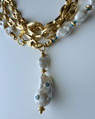 Y-AQUA LUX, BAROK İNCİ VE ZİNCİR DETAYLI KATMANLI KOLYE