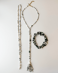 İNCİ, MALAHİT VE KAPLAN GÖZÜ UZUN KOLYE