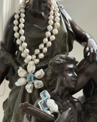 HIDDEN GARDEN BLUE TOPAZ ÇİFT SIRA İNCİLİ KOLYE