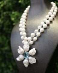 HIDDEN GARDEN BLUE TOPAZ ÇİFT SIRA İNCİLİ KOLYE