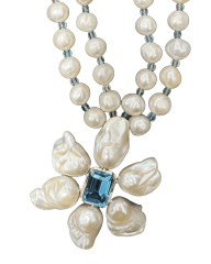 HIDDEN GARDEN BLUE TOPAZ ÇİFT SIRA İNCİLİ KOLYE