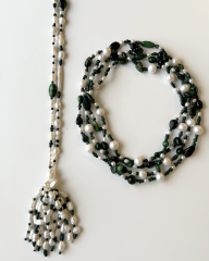 Y-KAPLAN GÖZÜ, MALAHİT VE İNCİLİ PÜSKÜL DETAYLI UZUN KOLYE