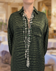 Y-KAPLAN GÖZÜ, MALAHİT VE İNCİLİ PÜSKÜL DETAYLI UZUN KOLYE