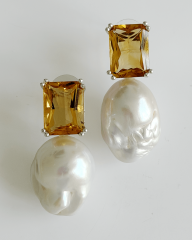 HIDDEN GARDEN  CITRIN TAŞLI BÜYÜK BAROK İNCİLİ KÜPE